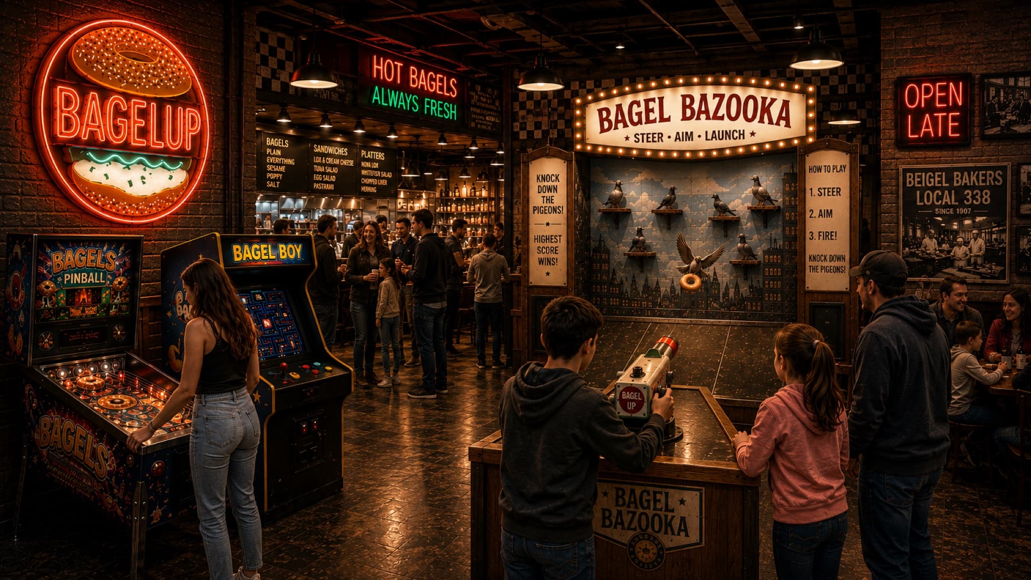 The speakeasy arcade behind the phone booth: Bagel Bazooka midway game, pinball, neon