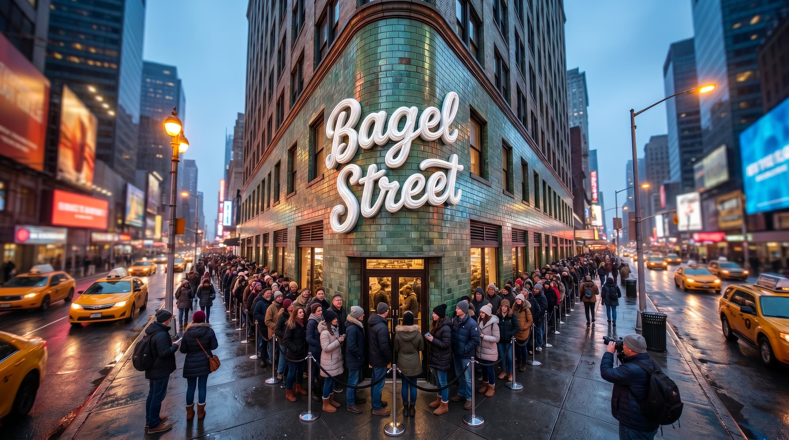 Bagel Street corner location at dusk with a roped line around the block