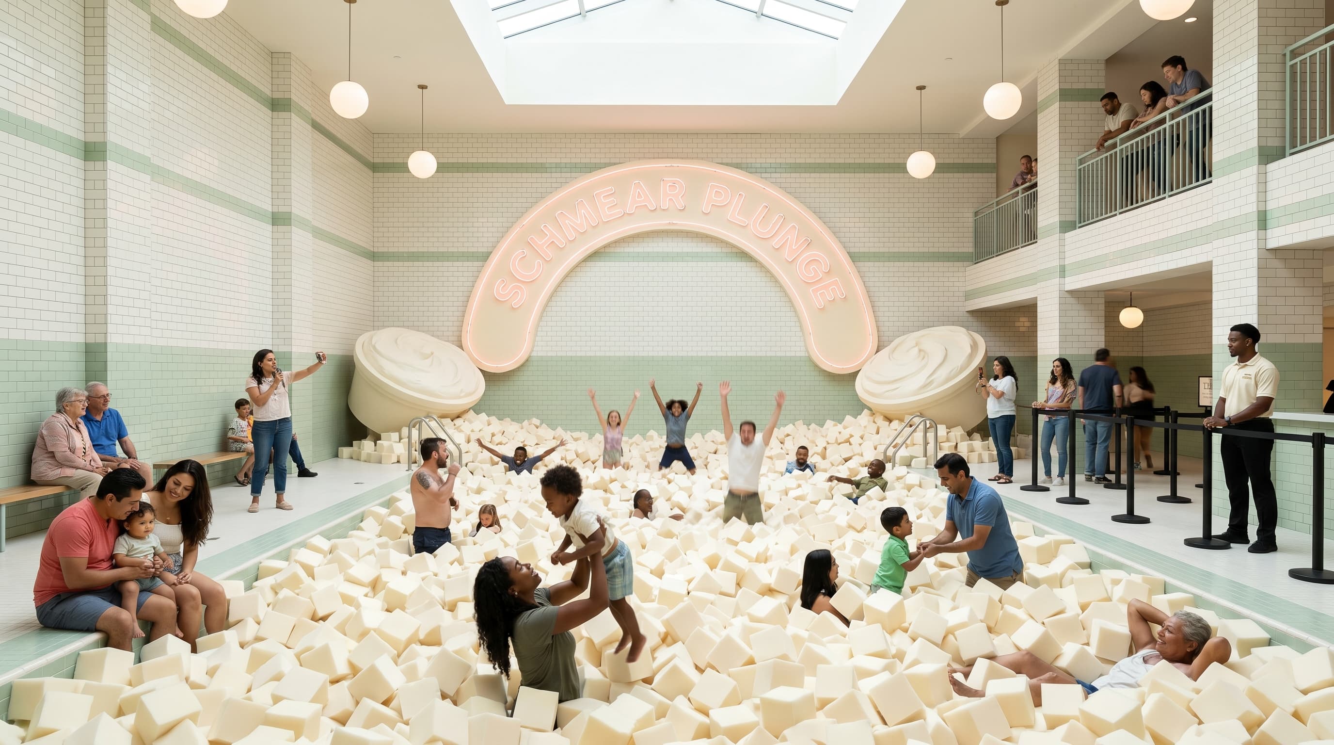 The Schmear Plunge: a cream-cheese foam pit under a neon bagel arch, families mid-jump