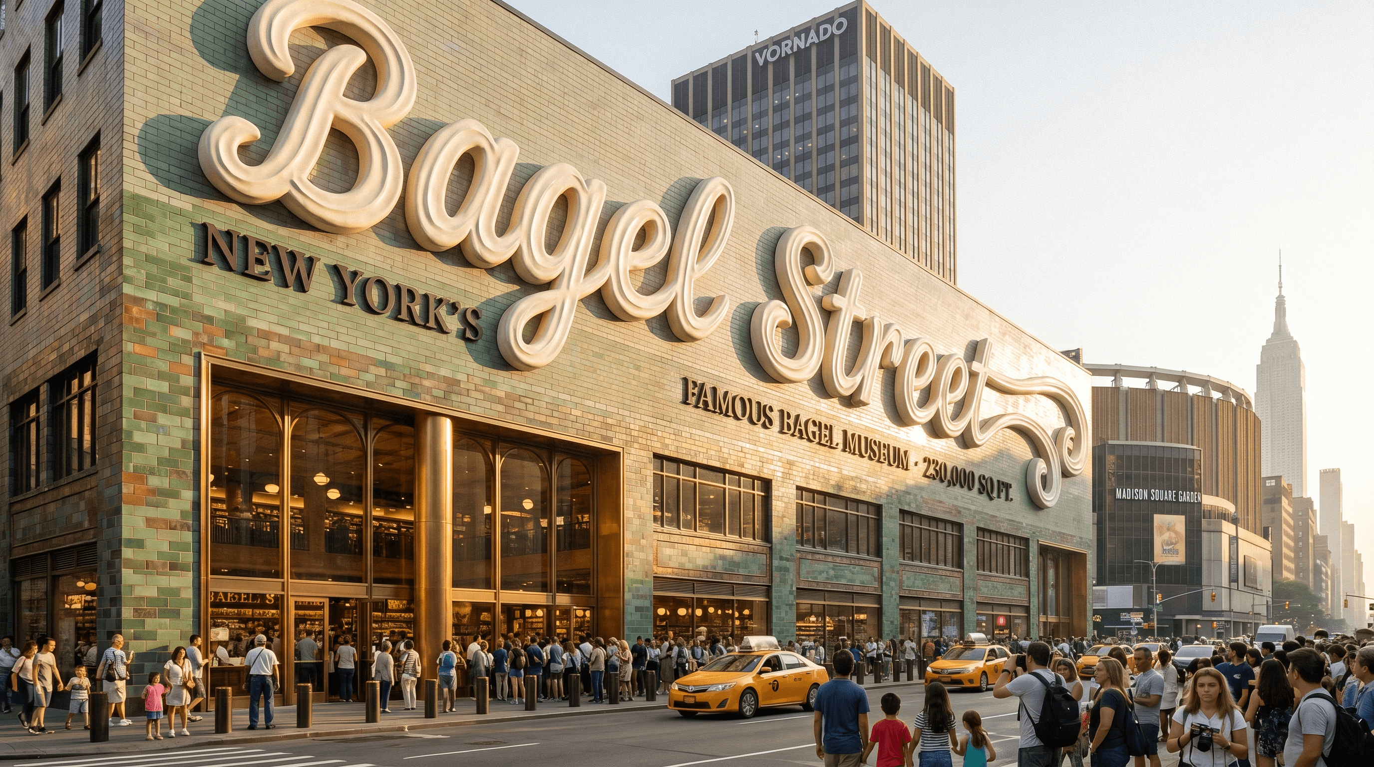 Bagel Street flagship render in Vornado's Penn Plaza district: green-and-copper tile facade, cream-cheese script signage, crowds at the doors