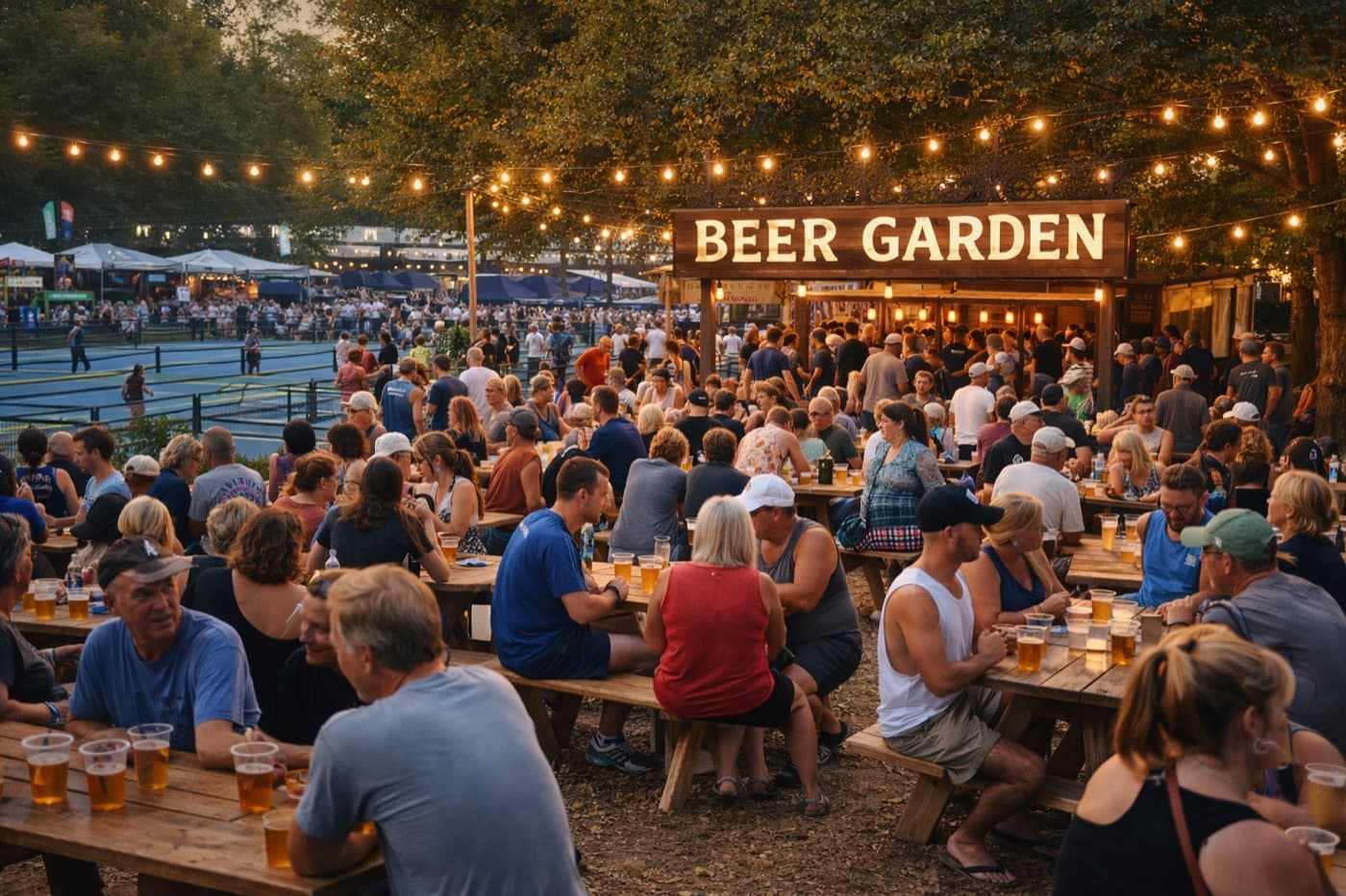 The Kitchen Block Party beer garden at golden hour, packed tables, courts behind