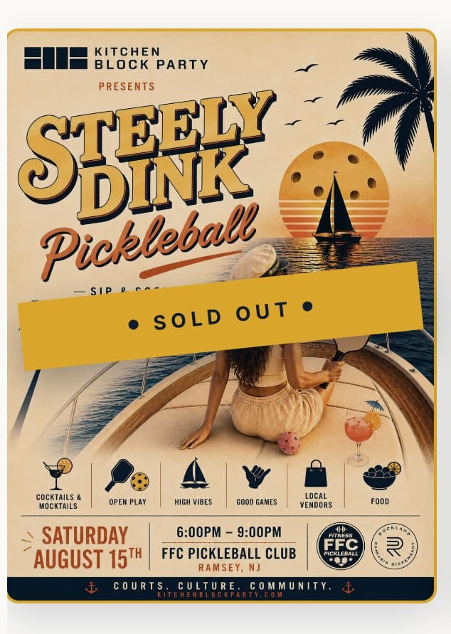 Steely Dink poster with a gold sold-out ribbon