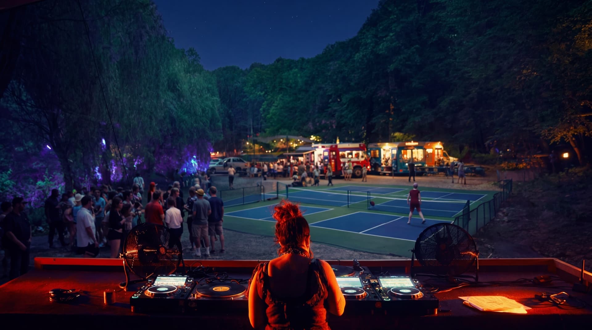Kitchen Block Party at night: DJ booth over the courts, food trucks, full crowd