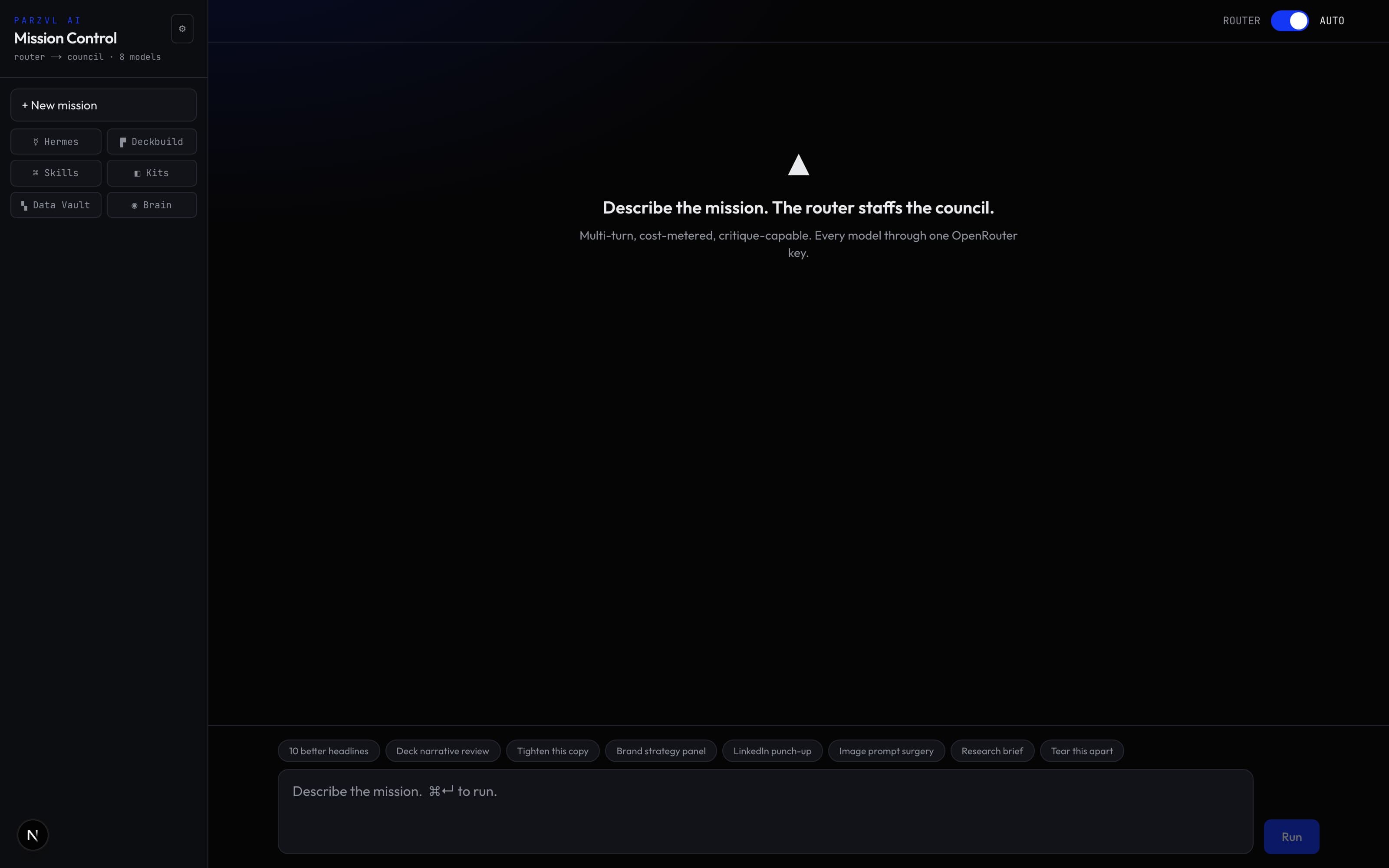 Mission Control: describe the mission, the router staffs a council of eight models